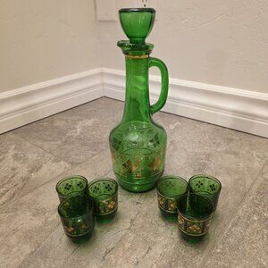 VTG Jay Imports 11" Venetian Glass Decanter & 6 Shot Glass Set Green Gold  Italy